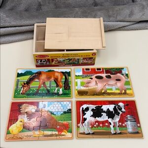 🧩 Melissa & Doug 4 In 1 Wooden Farm Animal Puzzles in Storage Box M